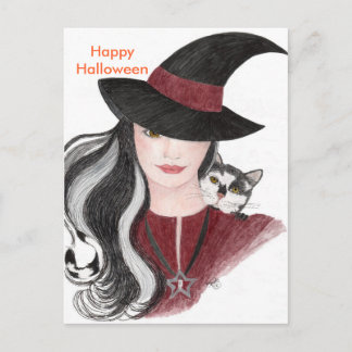 Hexe und Katze Postkarte