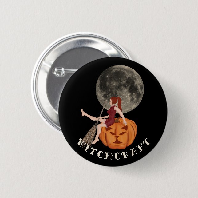 Hexe und Kürbis. Hexerei zu Halloween Button (Vorne & Hinten)