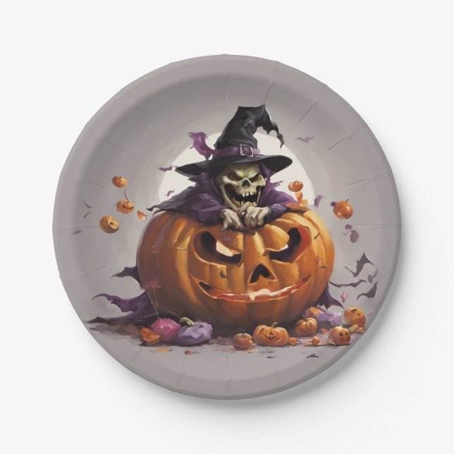 Hexe und Kürbis Pappteller (Vorderseite)