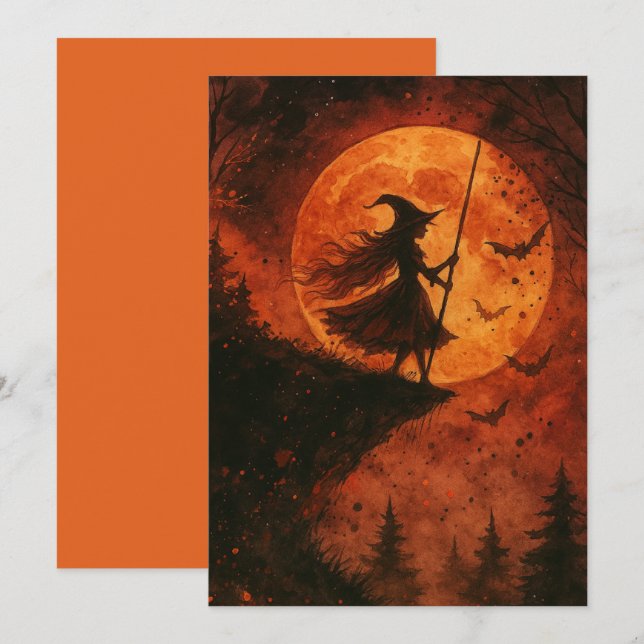 Hexe und Mondlicht-Klippe | Spooky Halloween Karte (Vorne/Hinten)