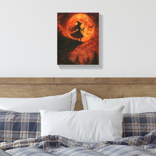 Hexe und Mondlicht-Klippe | Spooky Halloween Leinwanddruck (Insitu (Schlafzimmer))