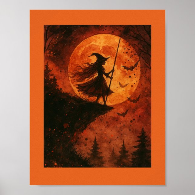 Hexe und Mondlicht-Klippe | Spooky Halloween Poster (Vorne)