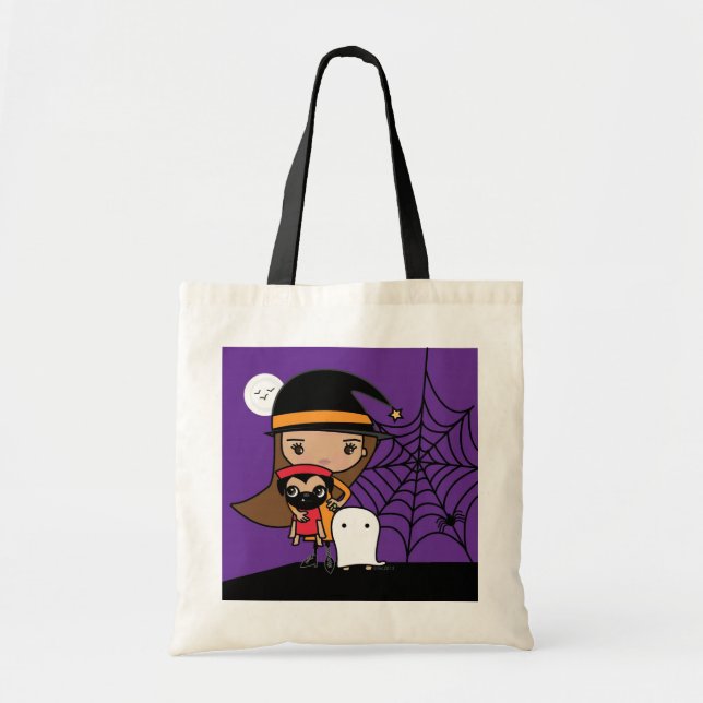 Hexe-und Mops-Halloween-Süßigkeits-Tasche Tragetasche (Vorne)