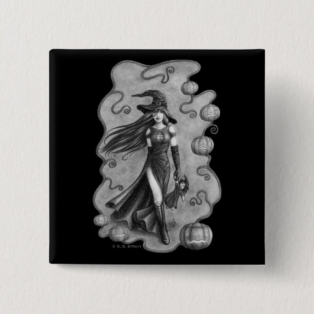 Hexe und Puppe Halloween Button (Vorderseite)