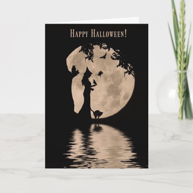 Hexe und Ravens Black Cat and Owl Happy Halloween Karte (Vorderseite)
