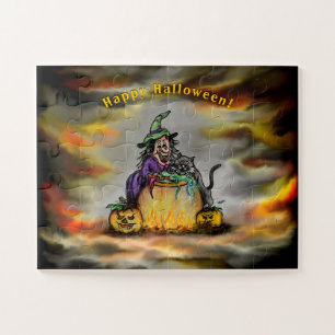 Hexe und schwarze Katze, Frohes Halloween!