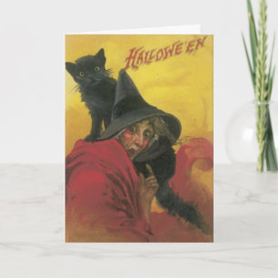Hexe und schwarze Katze Halloween-Karte Karte