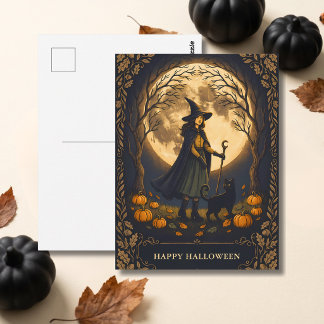 Hexe und schwarze Katze Halloween Postkarte