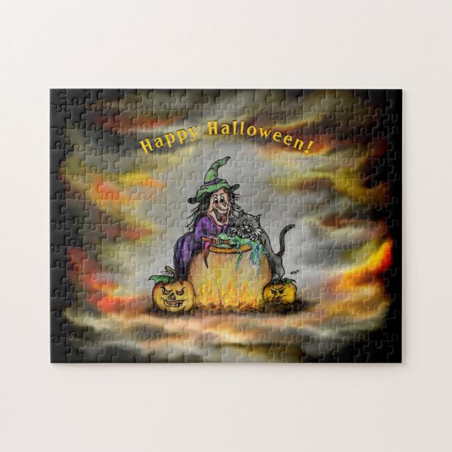 Hexe und schwarze Katze, Happy Halloween! (Horizontal)