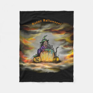 Hexe und schwarze Katze, Happy Halloween! Fleecedecke