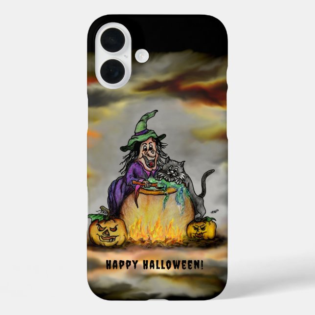 Hexe und schwarze Katze, Happy Halloween! iPhone 16 Plus Hülle (Rückseite)