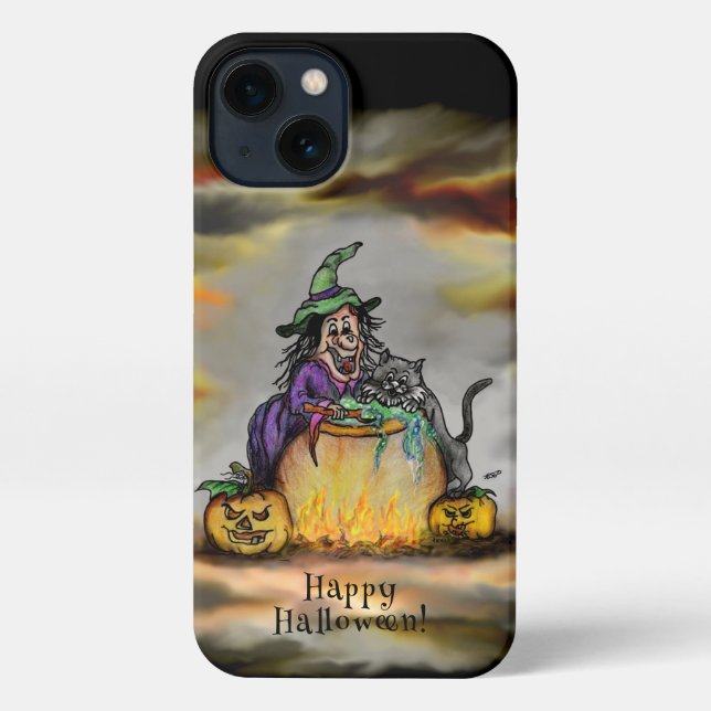 Hexe und schwarze Katze, Happy Halloween! iPhone Hülle (Rückseite)