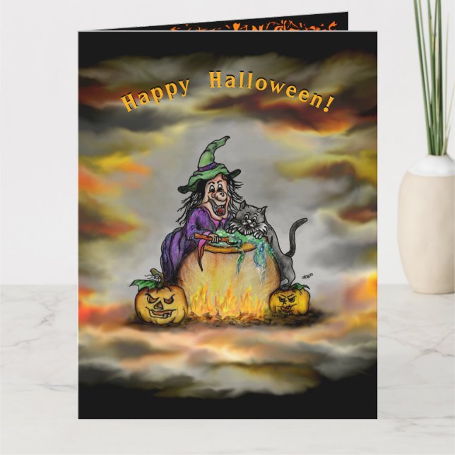 Hexe und schwarze Katze, Happy Halloween! Karte (Vorderseite)