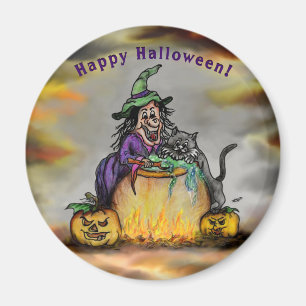 Hexe und schwarze Katze, Happy Halloween! Magnet