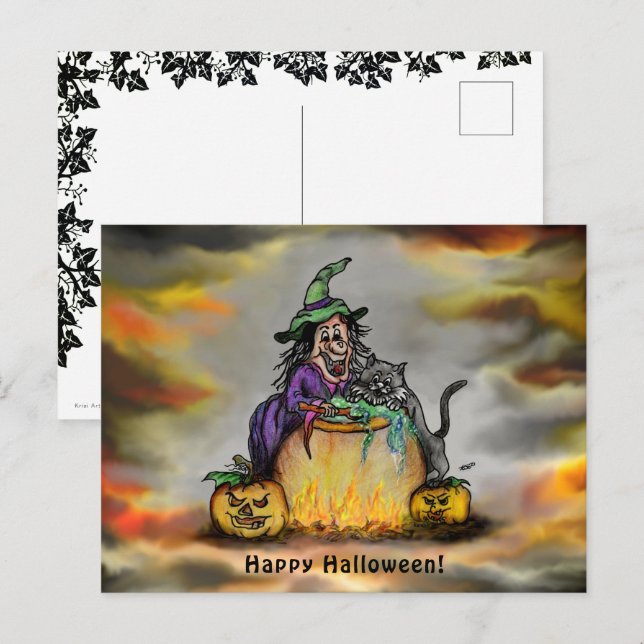 Hexe und schwarze Katze, Happy Halloween! Postkarte (Vorne/Hinten)