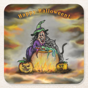 Hexe und schwarze Katze, Happy Halloween! Rechteckiger Pappuntersetzer