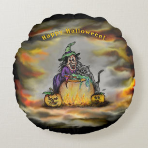 Hexe und schwarze Katze, Happy Halloween! Rundes Kissen
