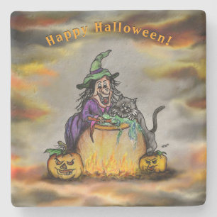Hexe und schwarze Katze, Happy Halloween! Steinuntersetzer
