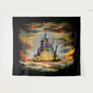 Hexe und schwarze Katze, Happy Halloween! Wandteppich