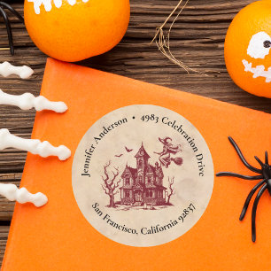 Hexe und Spukhaus Halloween Rücksendeadresse Runder Aufkleber