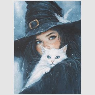 Hexe und weiße Katze Découpage Seidenpapier