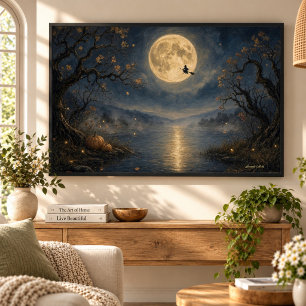 Hexe unter Vollmond-Gothic-Halloween-See Leinwanddruck