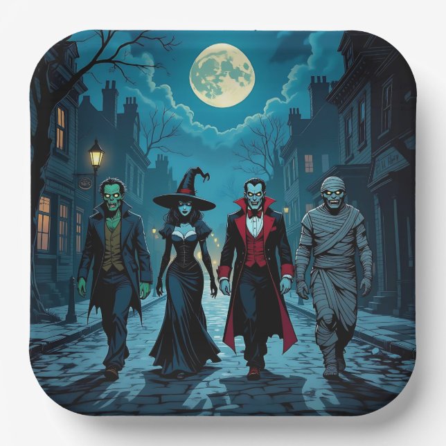 Hexe, Vampire, Dracula und Mummy-Halloween-Party Pappteller (Vorderseite)