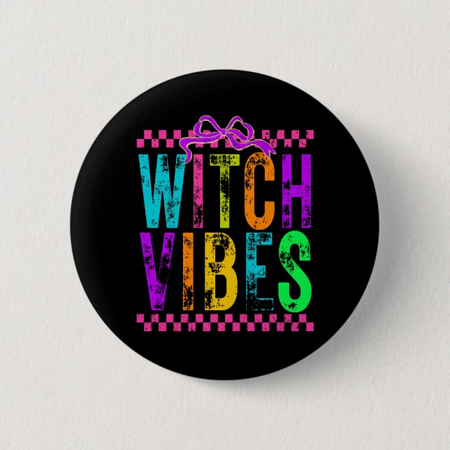 Hexe Vibes Halloween Neon Checkered Bow Button (Vorderseite)
