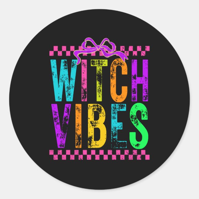 Hexe Vibes Halloween Neon Checkered Bow Runder Aufkleber (Vorderseite)