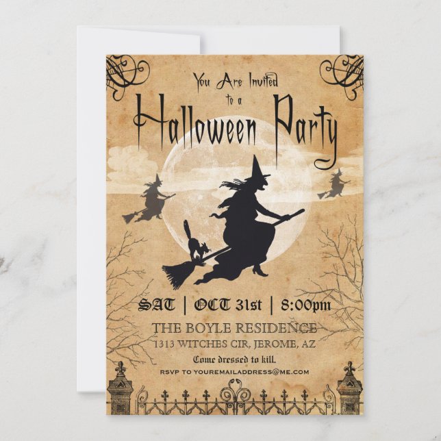 Hexe-Vintage Halloween-Party-Einladung Einladung (Vorderseite)