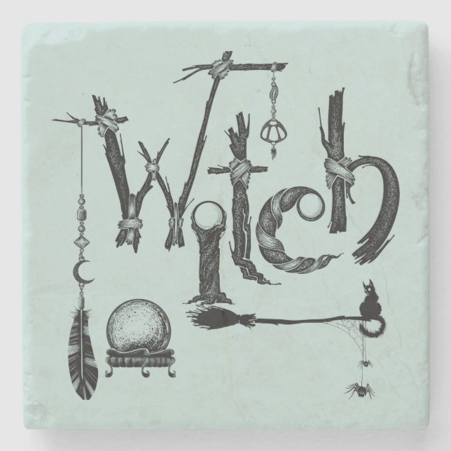 Hexe Woodsy Old World Illustrative Stone Untersetz Steinuntersetzer (Vorderseite)