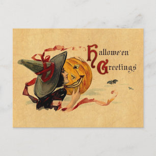 Hexe zu Halloween mit roten Bändern Postkarte
