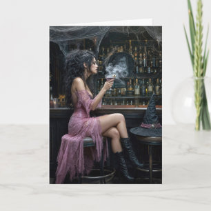 Hexe zum Geburtstag in einem rosa Kleid Karte