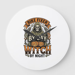 Hexe zur Fahrradreparatur Vintage-Halloween-Fahrra Große Wanduhr