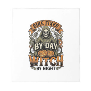 Hexe zur Fahrradreparatur Vintage-Halloween-Fahrra Notizblock