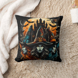 Hexen Ansammlung unter Vollmond zu Halloween Kissen