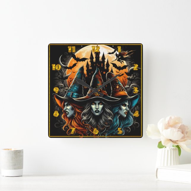 Hexen Ansammlung unter Vollmond zu Halloween Quadratische Wanduhr (Zuhause)