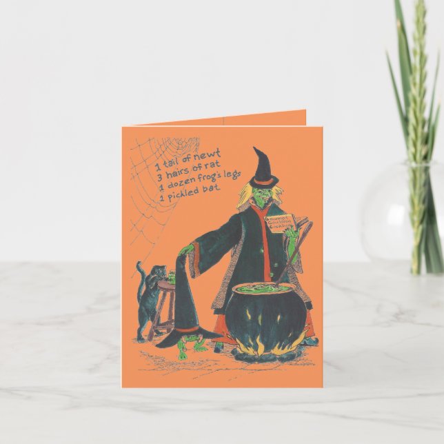 Hexen brauen glückliches Halloween mit Katze Karte (Vorderseite)