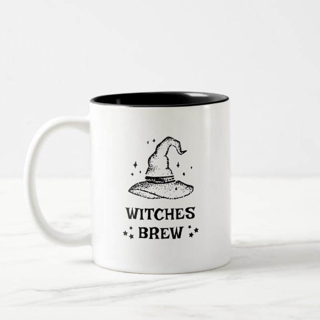 Hexen Brew Black und White Hexenhut Halloween Zweifarbige Tasse (Links)