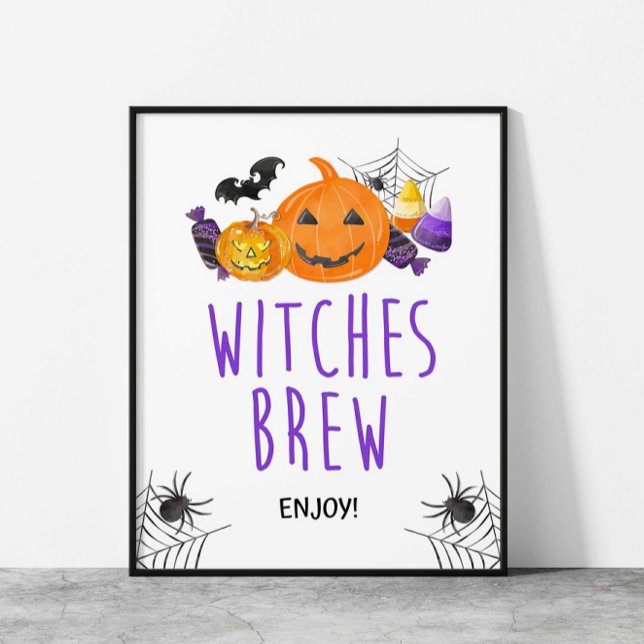 Hexen Brew Halloween-Party Drink Zeichen Poster (Witches Brew Halloween Party Drink Sign, Purple and Orange Spooky Sign)