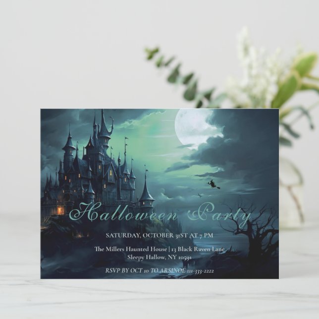 Hexen Burg Halloween-Party Einladung (Stehend Vorderseite)