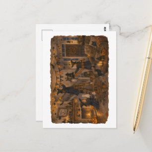 Hexen dekorieren das Halloween-Wohnzimmer für eine Postkarte