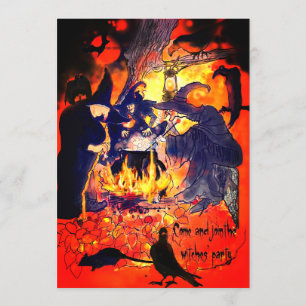 Hexen Halloween-Party Kunst Kessel Geier Baum Einladung