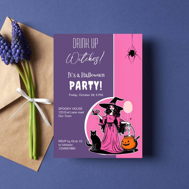 Hexen Halloween-Party trinken Einladung (Drink up witches Halloween party template invitation instant download groovy retro witch holding cup)