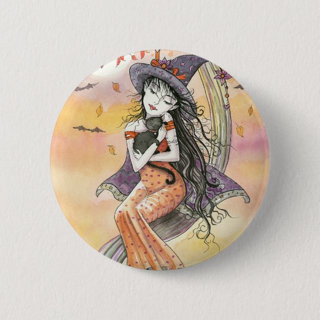 Hexen-Halloween-Schwarzkatze-Button-Anstecker Button (Vorderseite)