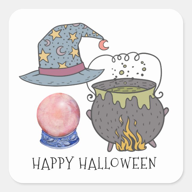 Hexen Hat Cauldron Crystal Ball Halloween Quadratischer Aufkleber (Vorderseite)