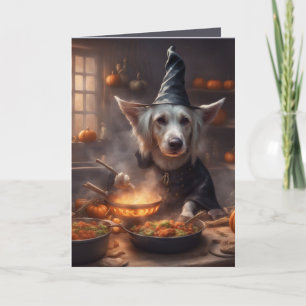 Hexen-Hund kocht ein Halloween-Festmahl-Gruß Karte