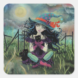 Hexen-Kätzchen Fantasy-Kunst von Molly Harrison Quadratischer Aufkleber