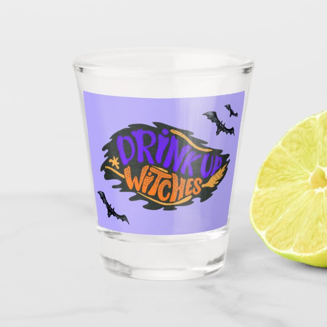 Hexen Orangefarbene Lila Fledermäuse tränken Stief Schnapsglas (Vorderseite)