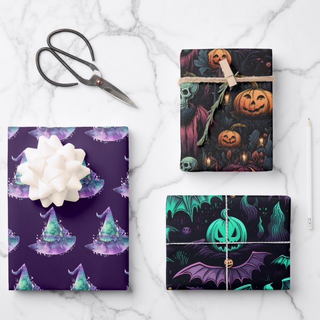Hexen Pumpkin Skulls Fledermäuse Beängstigendes Ha Geschenkpapier Set (Vorderseite)